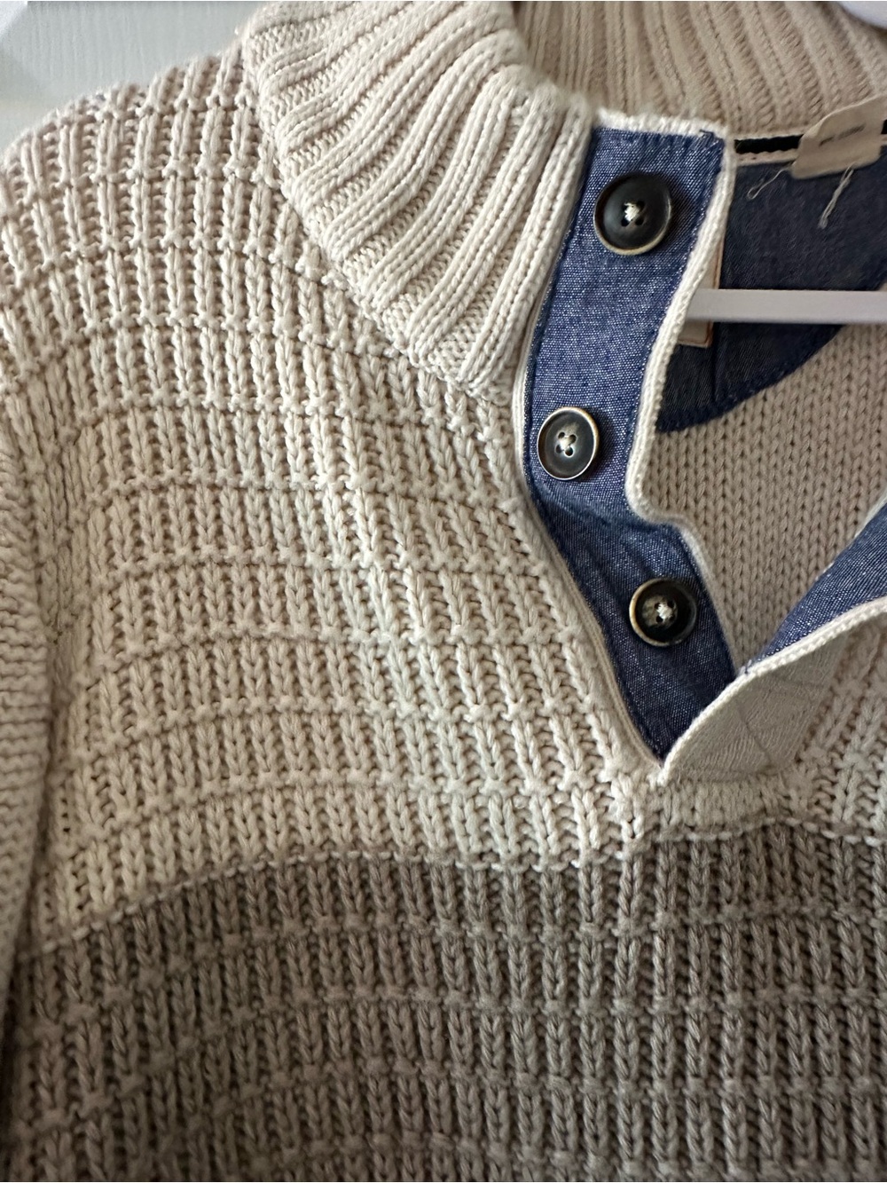 Vintage Cream Knit Zip-Up Sweater with Blue Trim